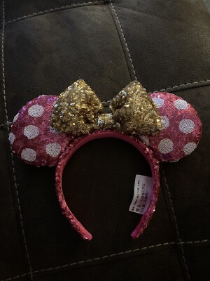 Sequin Pink Polka Dot Minnie Ears Headband with Gold Bow Disney Parks Minnie Hot Pink Sequin & White Polka Dot Gold  main image 3