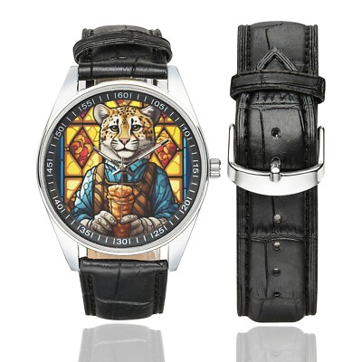 Buntglas Gepard Barkeeper Uhr mit schwarzem Lederband für Erwachsene