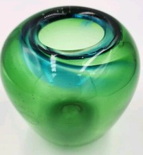 Thick Hand Blown Art Glass Vase Green Blue Top Swirl 5"