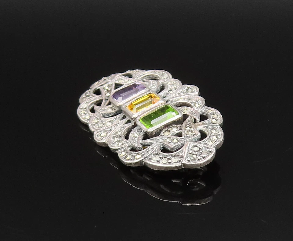 925 Silver  Vintage Amethyst Citrine Peridot & Marcasite Brooch Pin  BP9584 - Image 4 of 4
