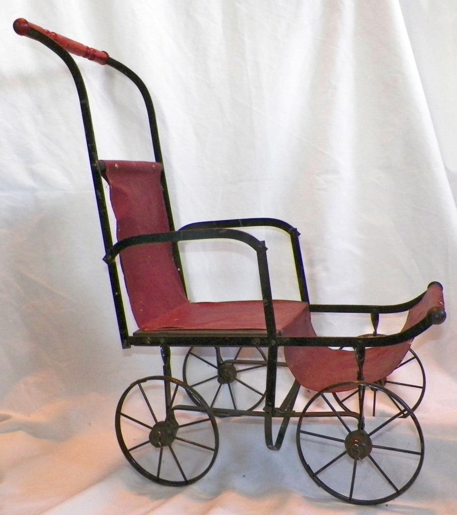 Childs Doll Carriage Buggy Black Metal Frame Red Oilcloth Wood Handle Antique