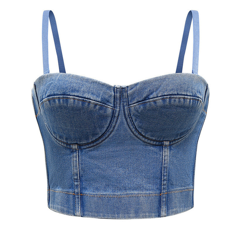 Lady Denim Tank Bustier Bra Bralette Corset Crop Top Spaghetti