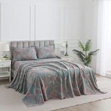 Queen Sheet Set 100 Percale Cotton 4Pcs Extra Deep Pocket Floral Beige Bedding