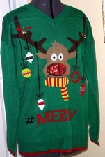  TIARA INT. CHRISTMAS SWEATER SIZE L GREEN RUDOLPH BELLS SEQUINS BEADS NWT