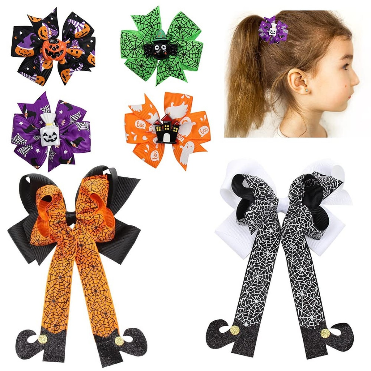 6 PCS Halloween Hair Bows, Glitter Halloween Bat Pumpkin 