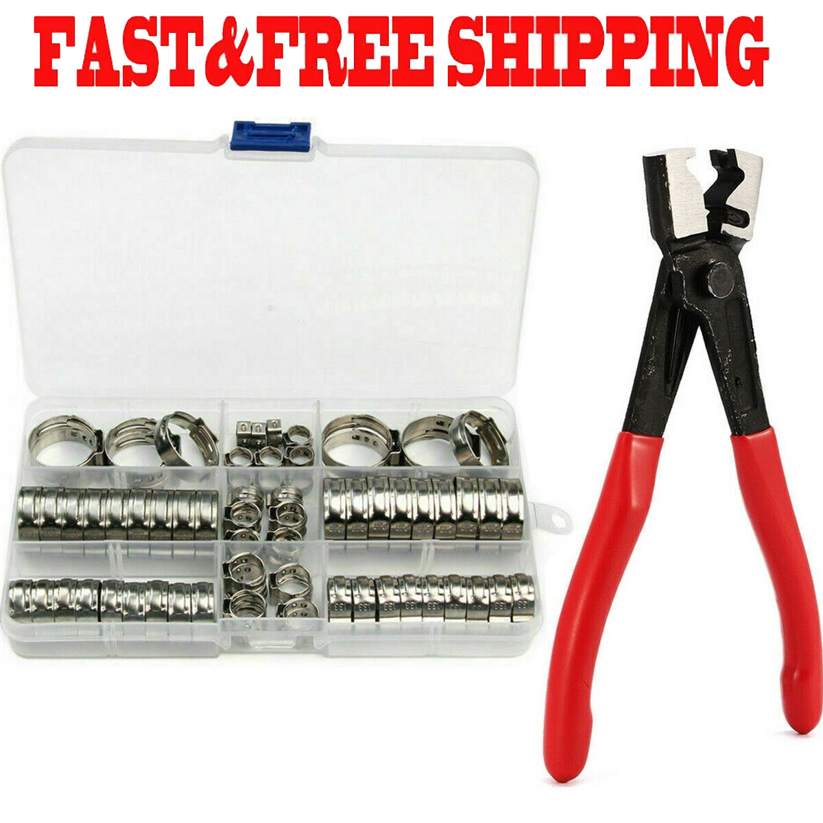 80PCS Single Ear Hose Clamps Assorted Stainless Steel O Fuel Pipe Clip+Pliers