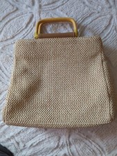 Woven Straw Fossil Handbag Purse Wood Handles/Key Lined Beige Medium