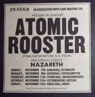 Atomic Rooster w/ Nazareth UK 1971 Mini Poster Type Concert Advert, Promo Ad