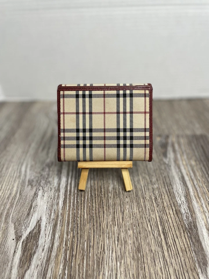 Vintage Burberry Bifold House Check Canvas Burgundy Leather Trim Wallet - Image 3 of 4