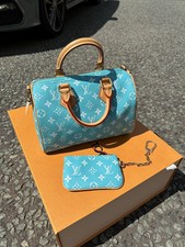 Rare * Louis Vuitton Speedy Bandouliere Shoulder Bag 25 Blue Leather 55 Monogram