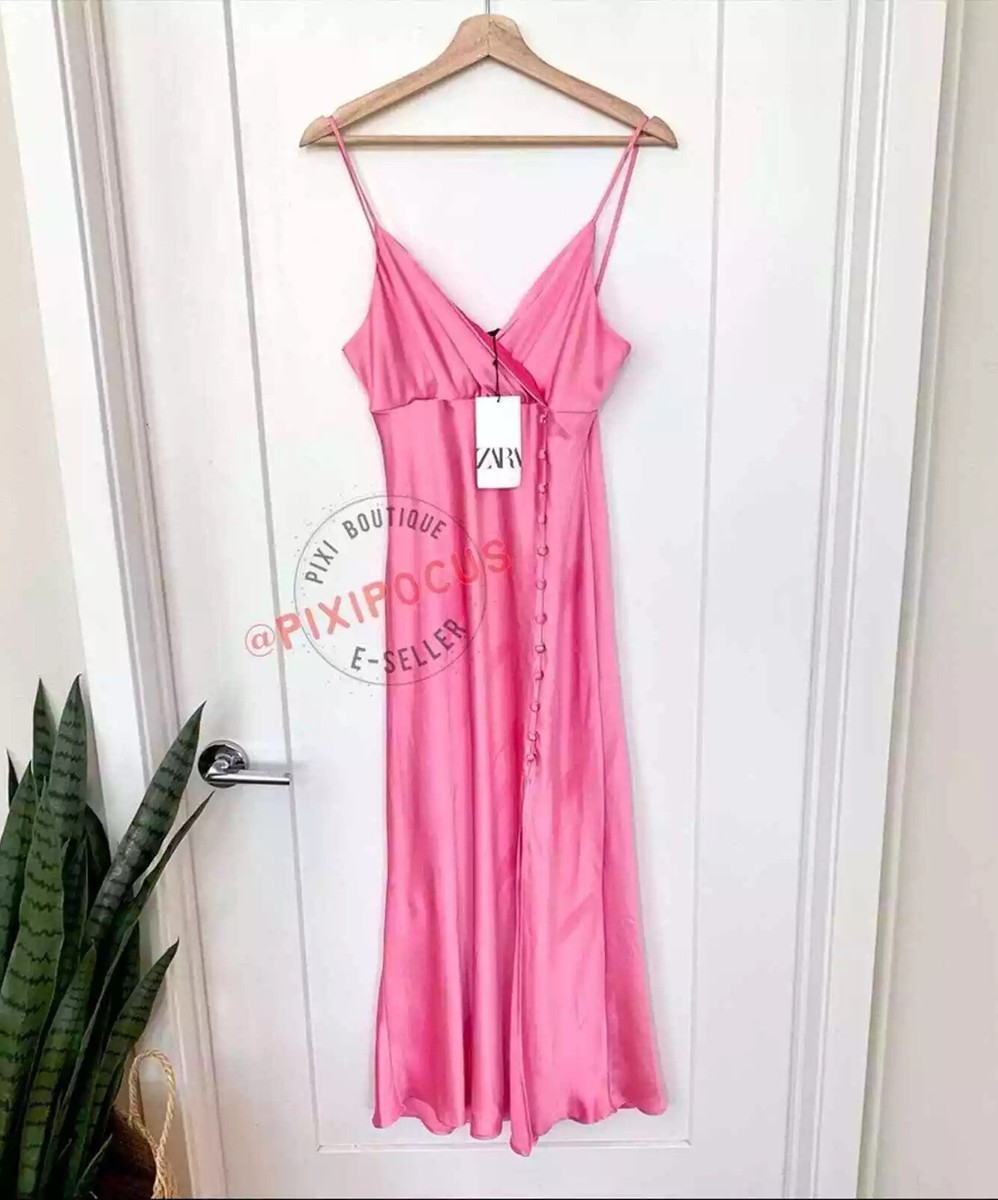ZARA NEW SATIN BUTTONED SLIP DRESS MIDI BUBBLE GUM PINK S,M,L