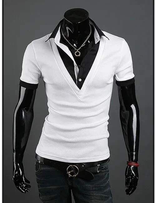 Mens Shirts Short Sleeves Luxury Casual Slim Fit Camisas Double Collar Shirts - Image 4 of 4