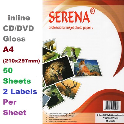50x Serena Glanz Inkjet Fotopapier CD DVD DISC Inline Neato 2 Etiketten pro Blatt