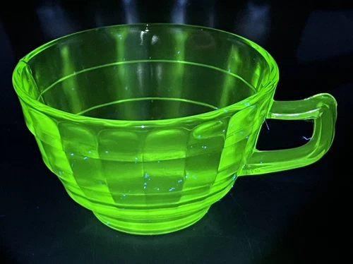 Vintage Anchor Hocking Optic Block Tea Cup Pointed Handle | Uranium Glow