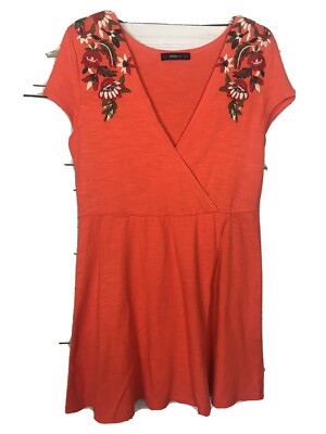 Zara Knit Floral Embroidered Faux Wrap Dress-Orange-Short