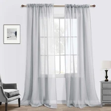 Gray Linen Look Curtains 96 ines Long Set of 2 Rod Pocket Elegant Woven Textu...