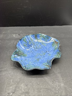 Signed TS Studio Art Pottery Leaf Dish Blue Green Glaze Organic Form 8  x 6.5 