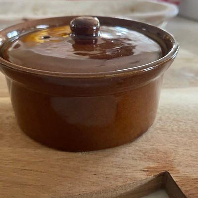 Pearsons of Chesterfield England brown glazed covered pottery crock 5 