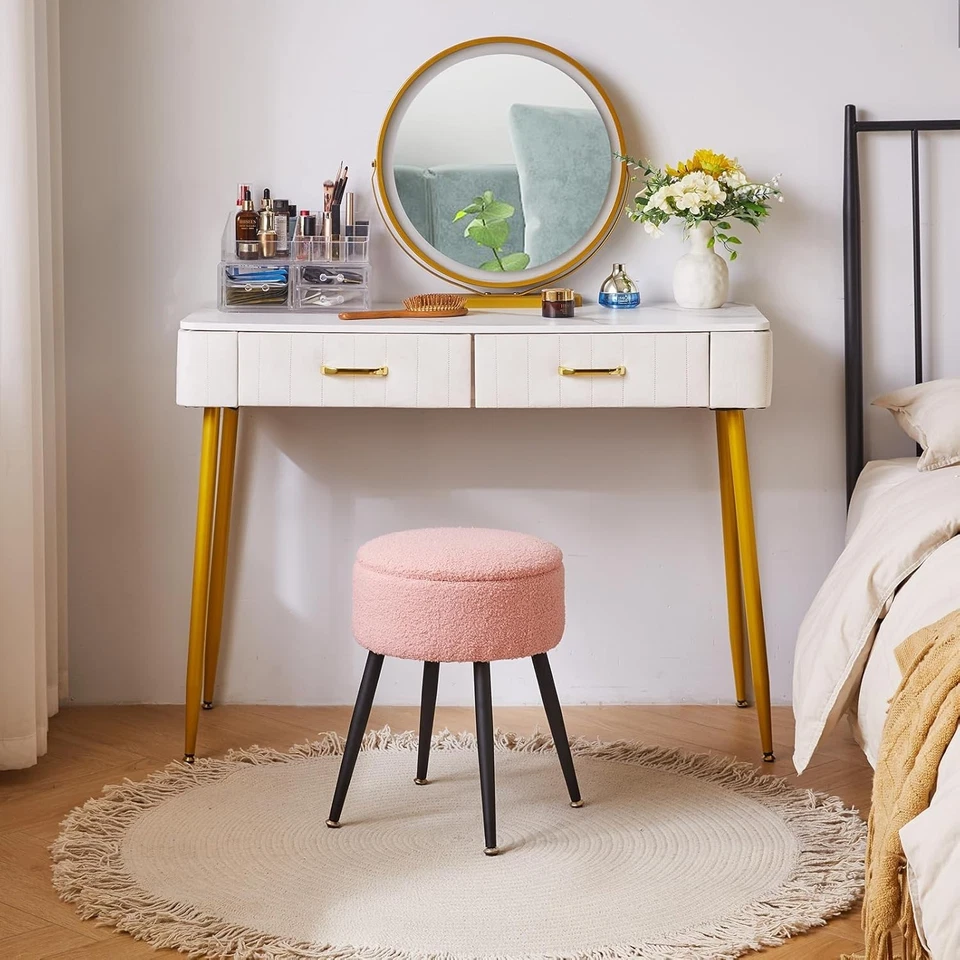 Pink Round Teddy Fur Vanity Stool with Storage – Soft Ottoman Seat - Image 2 of 4