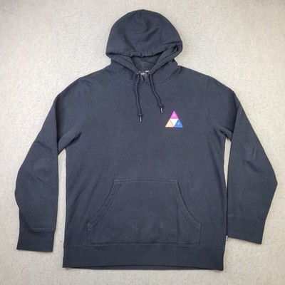 HUF Hoodie Mens L Black Pullover Triangle Graphic Skateboarding Logo Drawstrings