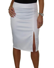 Women's Ladies Thigh Split Plain Stretch Bodycon Pencil Slit Midi Skirt UK 8-26