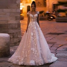 Bohemia Light Pink V-Neck Lace Appliques Wedding Dresses Cap Sleeve Bridal Gowns