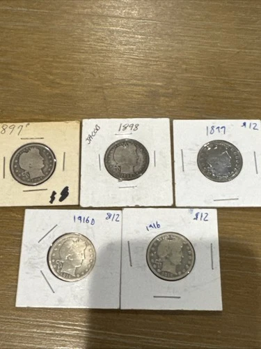 Barber Quarter Lot of 5-90% silver 1897-p, 1898, 1899, 1916-D, 1916