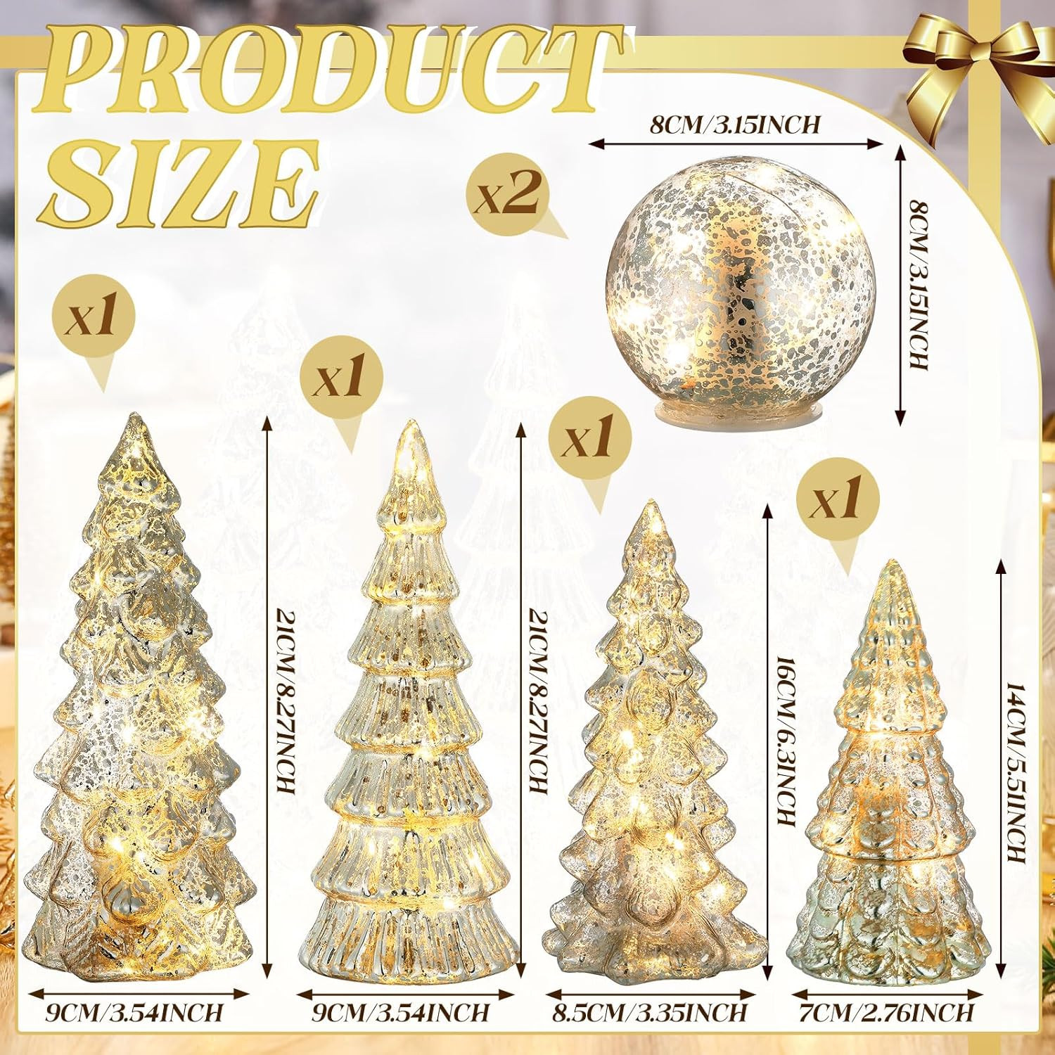 6 Pcs Mercury Glass Christmas Tree for Tabletop Light up Figurine Christmas Tree