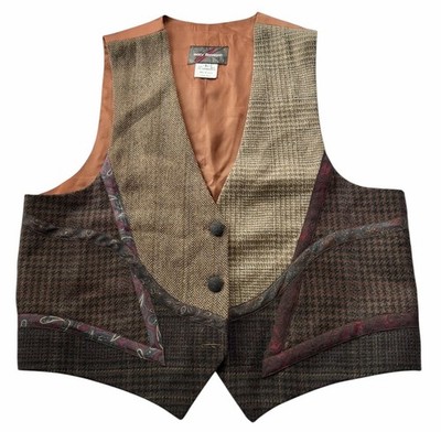 Vtg Mary Flanagan Patchwork Wool Vest L Dark Academia Plaid Tailored Waistcoat