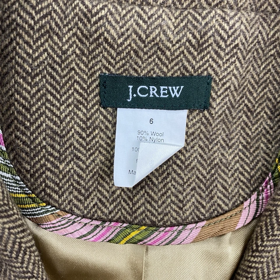J Crew 夹克女式 6 棕色西装外套人字形羊毛混纺木质纽扣 — 第 4/4 张图片