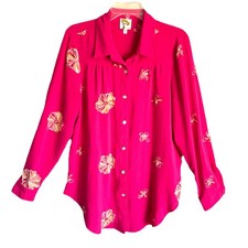 Fig And Flower Sz M Pink Floral Embroidered Top Blouse Button Down