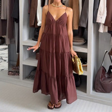 NWT H&M Strappy Tiered Viscose Blend Maxi Dress Brown 1290395003 Sizes XS,S,L,XL