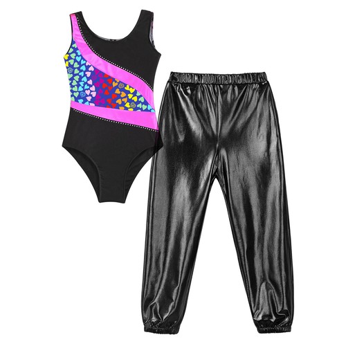 Kids Girl's Sports Suit Competition Leotard With Elastic Waistband Pants Active - Picture 85 of 97