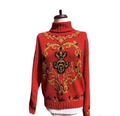 Vtg Liz Claiborne Red Knit Sweater Turtleneck Gold Embroidery Large 66%  Silk