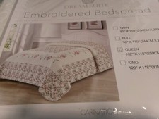 New Queen Size Embroidered Bedspread  Pink Carnation on White  38