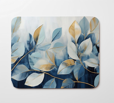 Golden Blue Leaves Mouse Pad 9.5''x8'' Non Slip Rubber Bottom Rectangle Mousepad