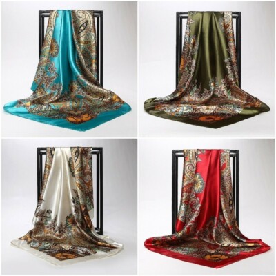 Damen Blumen Quadrat Kopftuch Halstuch Satin Seide Vintage Tuch 90 cm