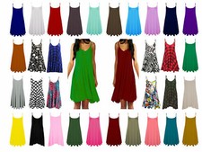 New Womens Plus Size Sleeveless Plain & Printed Long Cami Swing Dress Top 8-24