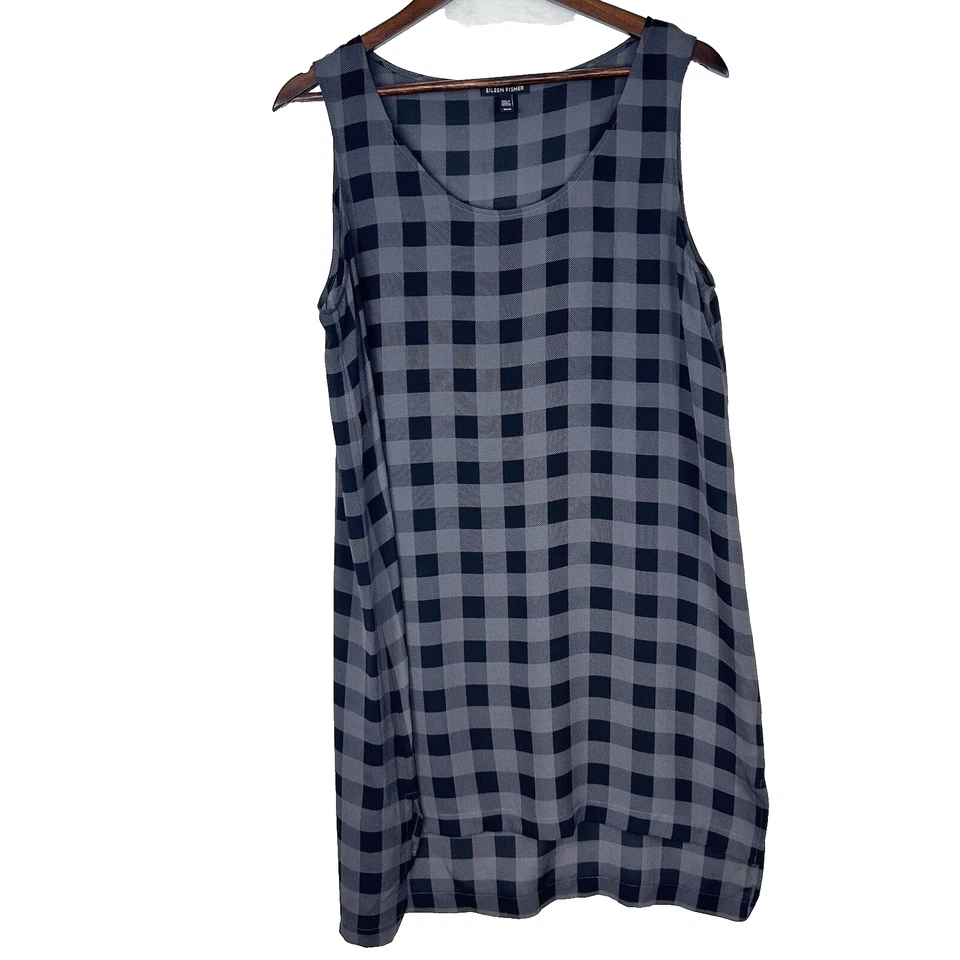 Túnica de seda Eileen Fisher M negra gris búfalo a cuadros sin mangas dobladillo largo alto Foto 2 de 4