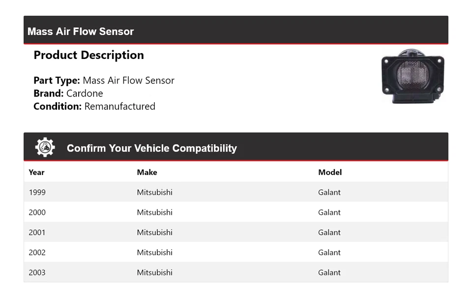 适用于 1999 - 2003 年三菱 Galant 大众空气流量传感器 Cardone 2000 2001 2002 — 第 2/4 张图片