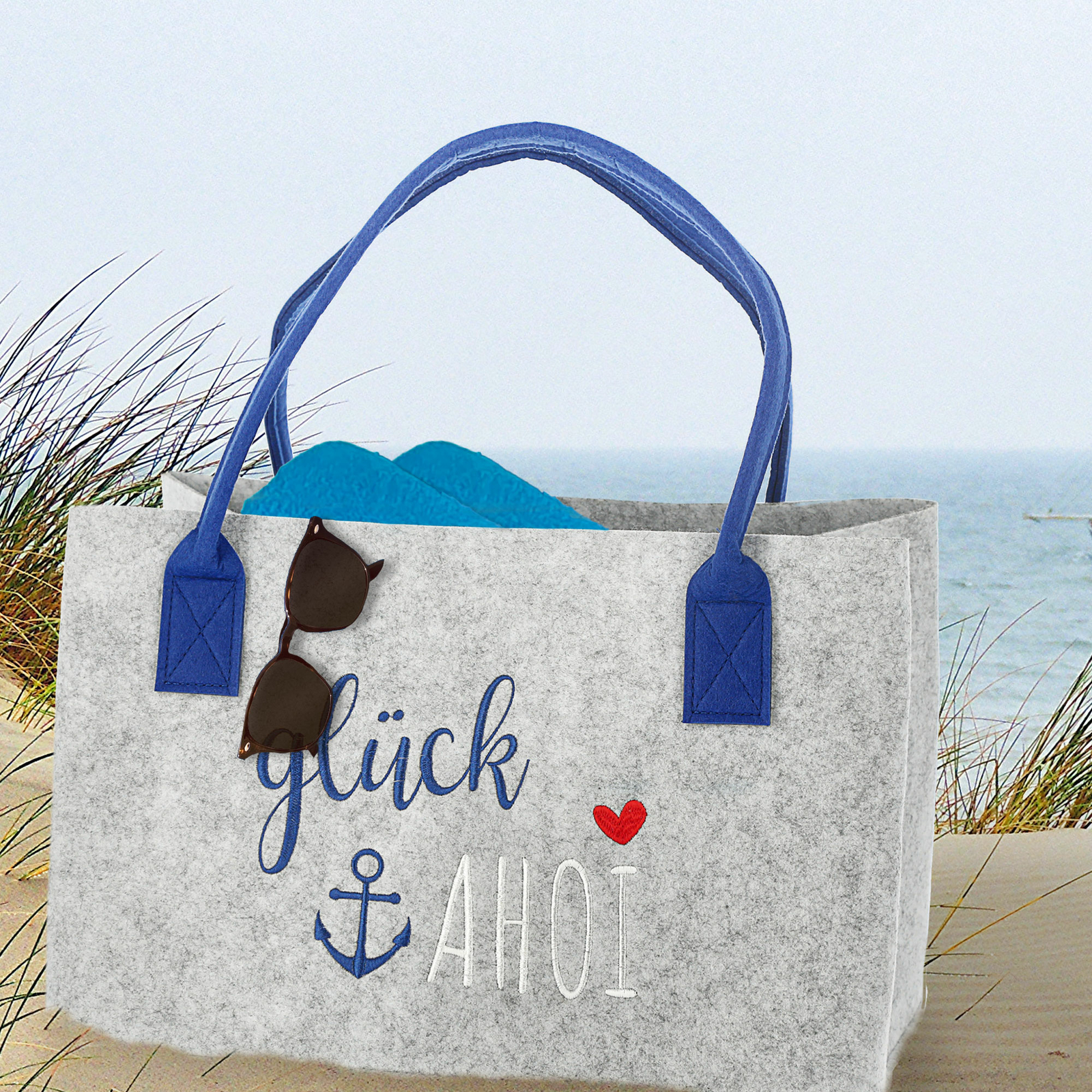 Filztasche "Moin" Mit Maritimem Design - 40x26x26 Cm, Aus Recyceltem PET, Robuste Henkel