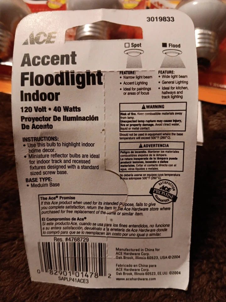 8 ACE 40W Indoor Accent Floodlight R14 Bulbs Standard Base - Image 2 of 2