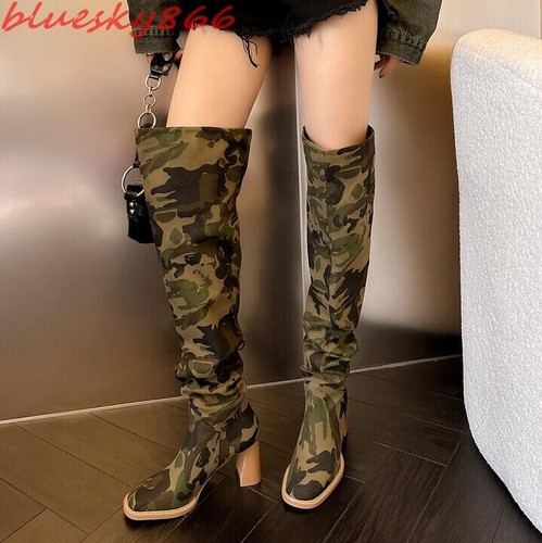 Women Block Heels camouflage Cowboy Boots Square Toe Cuffed Over The Knee Boots