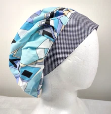 Bouffant Scrub Cap Chemo Hat Chef Handmade Cotton Abstract Blue 23.5” to 33.5”