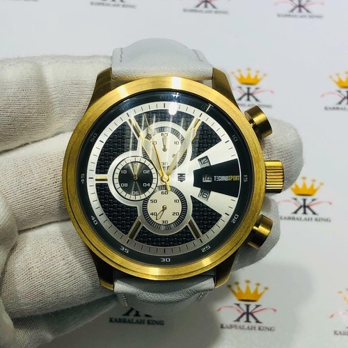 TechnoSport Gold Ion Stainless Steel Large Dial Chronograph White Leather Watch - Picture 2 of 12