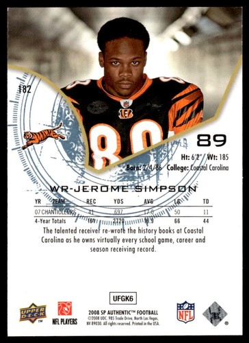 2008 SP Authentic Jerome Simpson Rookie 041/999 Cincinnati Bengals #182 R45 - Picture 2 of 2