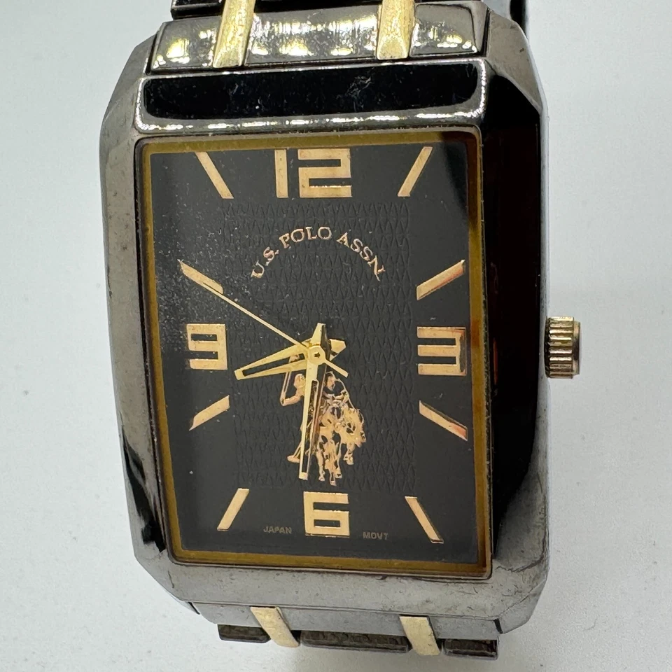 US Polo Assn Quartz Watch Men Black-Gold Rectangle Japan Movt New Battery 6.75" - Image 2 of 4