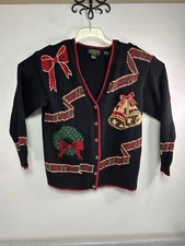 Charter Club Women's Size S Christmas Sweater Wreath Button Jingle Bells