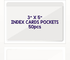 Clear Adhesive 3" X 5" Index Card Pockets with Top Open Loading, 50 Pack, Plasti