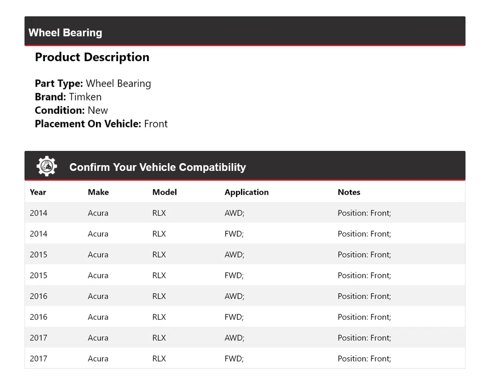 Cojinete de rueda delantero Timken 2015 2016 para Acura RLX 2014-2017 Foto 2 de 4